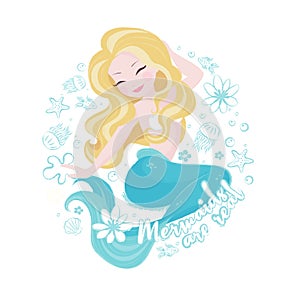 Popular pastel mermaid set. Happy and beautiful mermaid on white background. Print for t shirts or kids fashion artworks, children photo