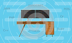 Popular programming languange in 2018 with screen code script and working desk