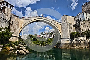 Popular reconstructed Old Bridge Mostar Bosnia Herzegovina