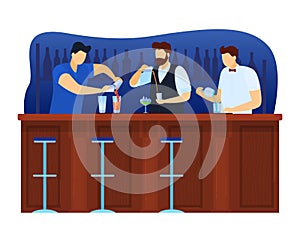 Popular restaurant, professional barista, cocktail bar, experienced bartender, design cartoon style vector illustration.