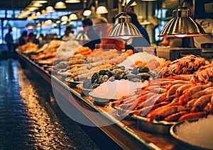 Popular seafood market selling fresh sea products and fish.Macro.AI Generative