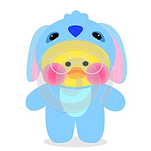 Popular soft toy yellow duck Lalafanfan in blue kigurumi and round glasses