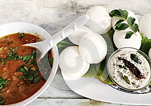 A popular South Indian dish of idli and sambhar served as breakfast