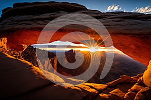 Popular sunrise at Mesa Arch in Canyonlands National Park, Utah, United States