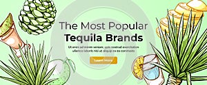 Popular tequila brands information landing page engraved vector Mexican alcohol beverage choosing