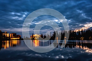 Beautiful night landscape, mountains and water, lake Strbske pleso, High Tatras, Slovakia