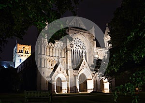 Popular tourist St Albans abbey church in night lights illumination in London, England, UK