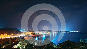 Popular Touristic Coastline. Turkish Riviera Or Turquoise Coast. Night View On Hotels Mediterranean Coast Of Antalya And