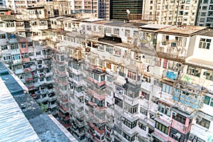 The popular between tourists place called Montane Mansion near to Tai Koo in Hong Kong. Overcrowded old retro building