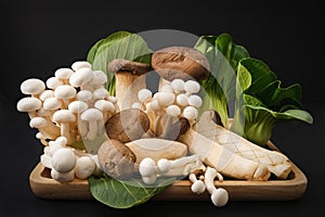 Popular uncooked healthy asian edible mushrooms Buna Shimeji,King Oyster mushrooms and Baby Bok Choy on black background