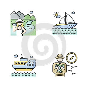 Popular vacation activities RGB color icons set