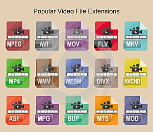 Popular video file extensions, Flat colored vector icons for Web, Mobile and ext
