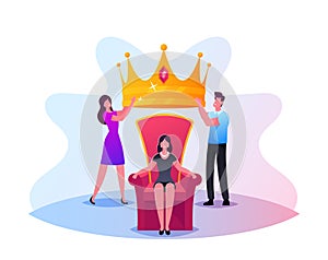 Popularity, Fame Concept. Tiny Male and Female Characters Put Huge Royal Crown on Woman Head Sitting on Throne, Cult photo