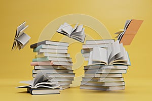 popularity of reading printed editions of books. many books on a yellow background. 3d render photo