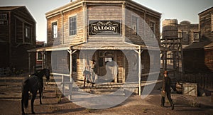 Populated western town saloon with various businesses . photo