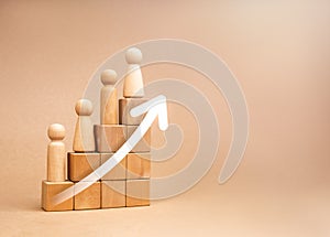 Population growth, increase people, global demography, social and human development concepts. Rising up white arrows on wooden