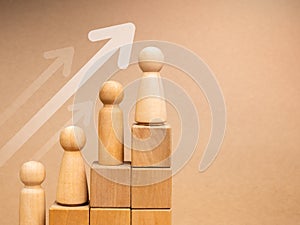 Population growth, leadership with business success concept. Wooden figures female and male standing on growth graph steps wood