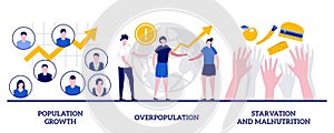 Population growth, overpopulation, starvation and malnutrition concept with tiny people. Demographics vector illustration set.