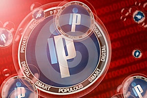 Populous crash, bubble. Populous PPT cryptocurrency coins in a bubbles on the binary code background