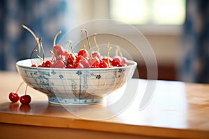 porcelain bowl filled with red cherries