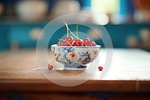 porcelain bowl filled with red cherries