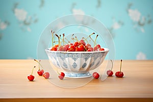 porcelain bowl filled with red cherries