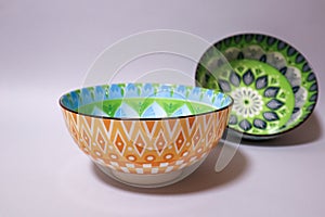 Porcelain bright bowls on the table.