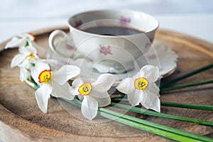 Porcelain coffee cup with white daffodils decoration