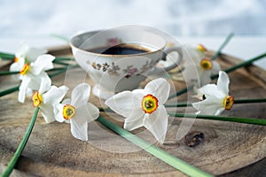 Porcelain coffee cup with white daffodils decoration