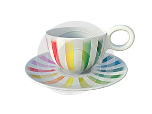 Porcelain colorful striped cup isolated on white background. 3D Illustration.