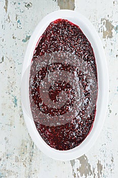 Porcelain cookware with raspberry marmalade