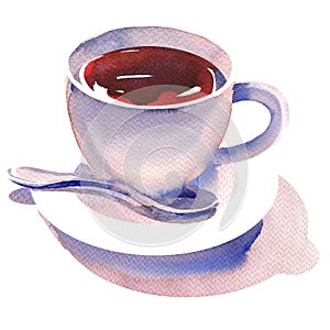 Porcelain cup of tea with teaspoon and saucer, isolated, hot drink, aroma black tea, hand drawn watercolor illustration