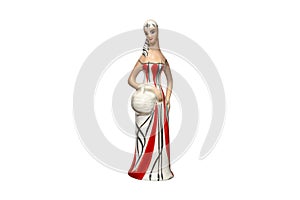 A porcelain figurine in the shape of a woman dressed in a long colorful dress holding a basket, isolated on a white background wit