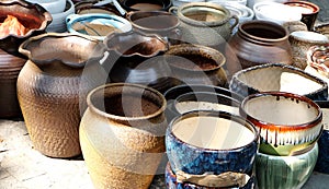 Porcelain pots in rows photo