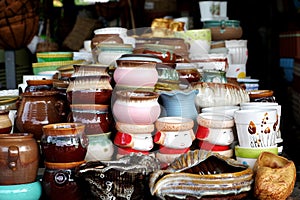 Porcelain pots in rows photo