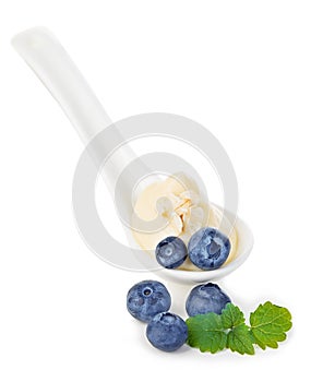 Porcelain spoon of blueberry yogurt with mint isolated on white