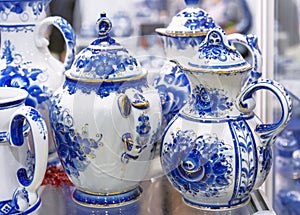 Porcelain tableware made in the Russian style Gzhel