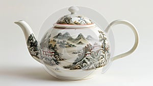 A porcelain teapot adorned with a detailed underglaze painting of a Chinese landscape complete with mountains and a