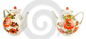 Porcelain teapots isolated on a white. Vintage dishes. Free space for text. Wide photo. ÃÂ¡ollage photo