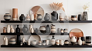 Porcelain Vases And Bowls On White And Wooden Shelf