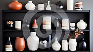 Porcelain Vases And Bowls On White And Wooden Shelf