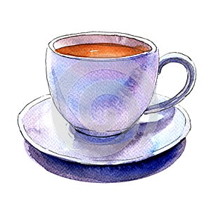 Porcelain white cup of coffee and saucer isolated, watercolor illustration