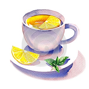 Porcelain white cup of hot tea with lemon and mint, healthy drink, close-up, isolated, hand drawn watercolor