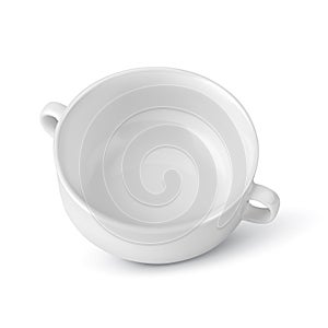 Porcelain white deep plate with handles for soup. Ð¡lean kitchen utensils for eating.