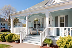 porch of a cape cod home with a white picket fence