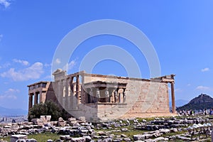 The Porch of the Caryatids in The Erechtheion an ancient Greek temple on the north side of the Acropolis of Athens, Greece.