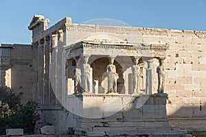 The Porch of the Caryatids in The Erechtheion an ancient Greek temple on the north side of the Acropolis of Athens, Greece