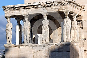 The Porch of the Caryatids in The Erechtheion an ancient Greek temple on the north side of the Acropolis of Athens, Greece