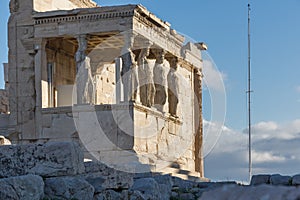 The Porch of the Caryatids in The Erechtheion an ancient Greek temple on the north side of the Acropolis of Athens, Greece