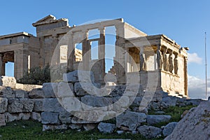 The Porch of the Caryatids in The Erechtheion an ancient Greek temple on the north side of the Acropolis of Athens, Greece